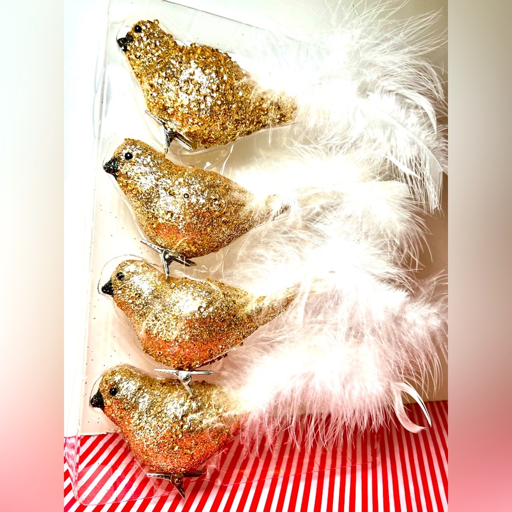 Set of 4 Gold Glitter Birds with White Feather Tail Clip On Christmas Ornaments